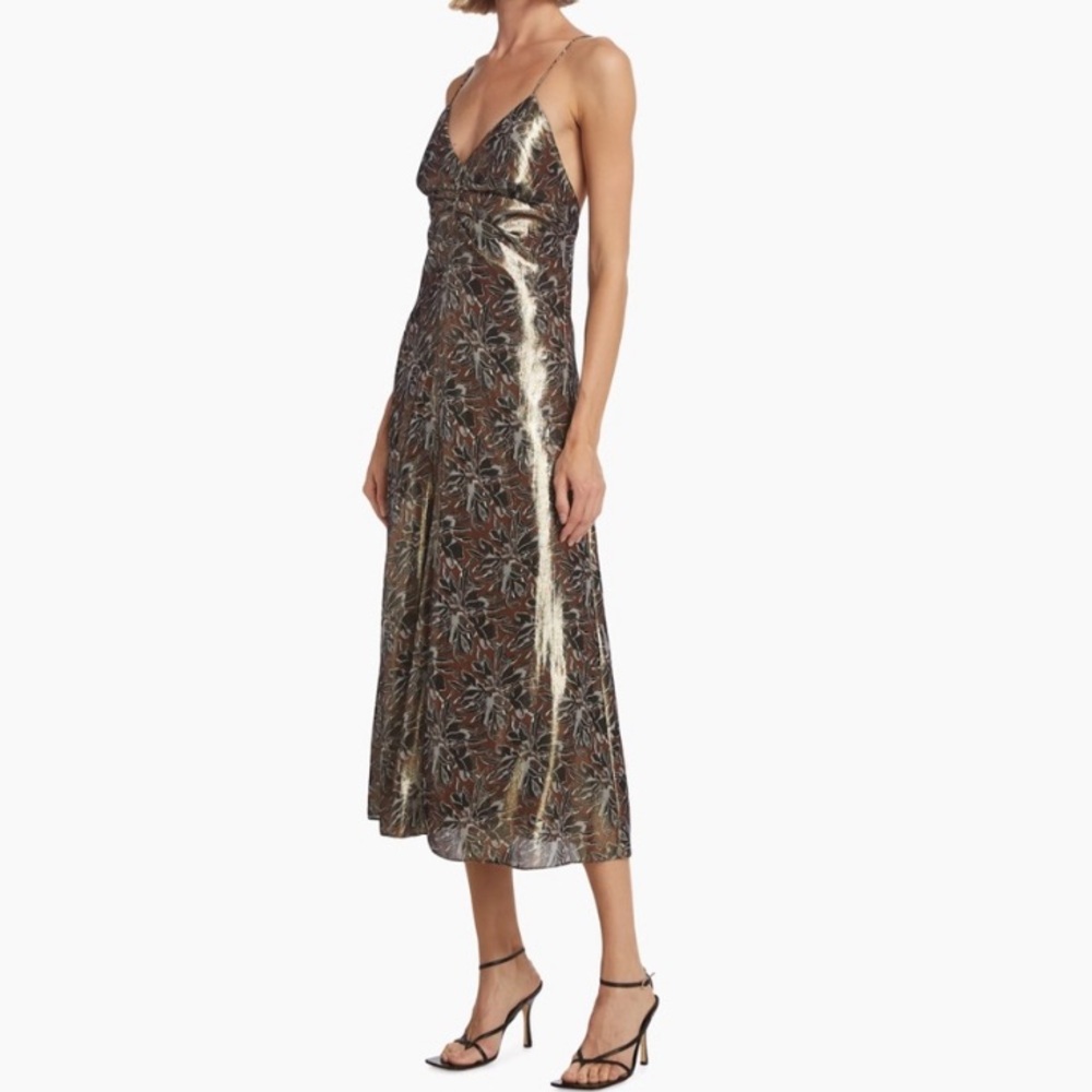 NWT Tanya Taylor Meredith Metallic Silk-Blend Midi-Dress